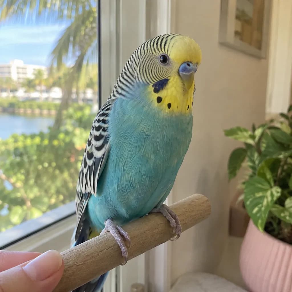 Parakeet on a wooden perch