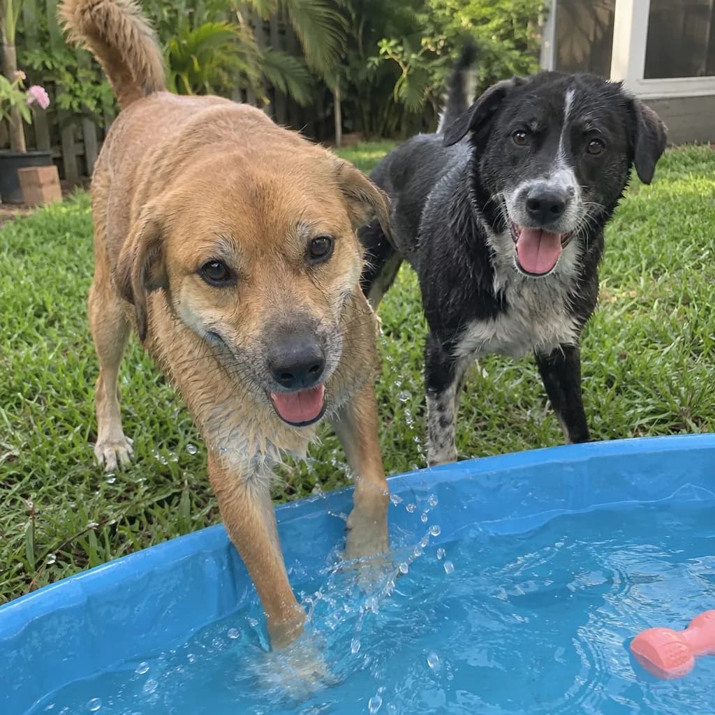 Two dogs playing in a backyard pool