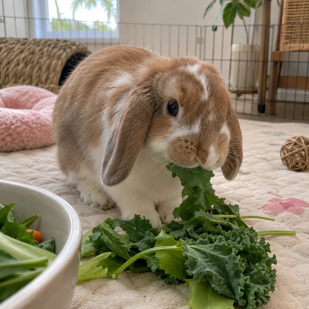 Rabbit eating fresh greens