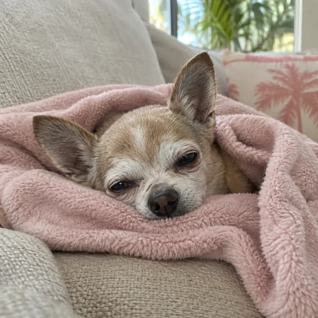 Senior chihuahua wrapped in a blanket